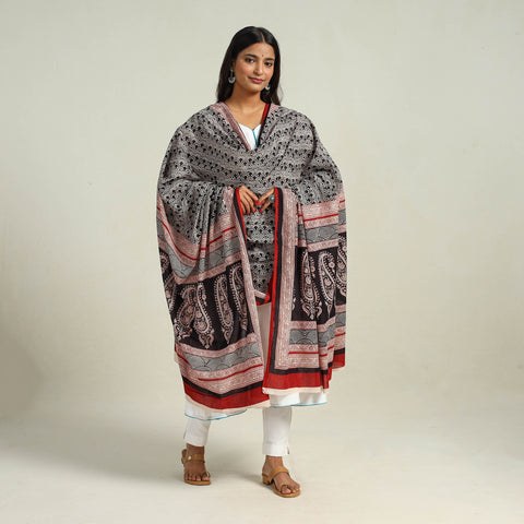 Grey - Hand Block Print Cotton Bagh Dupatta 11