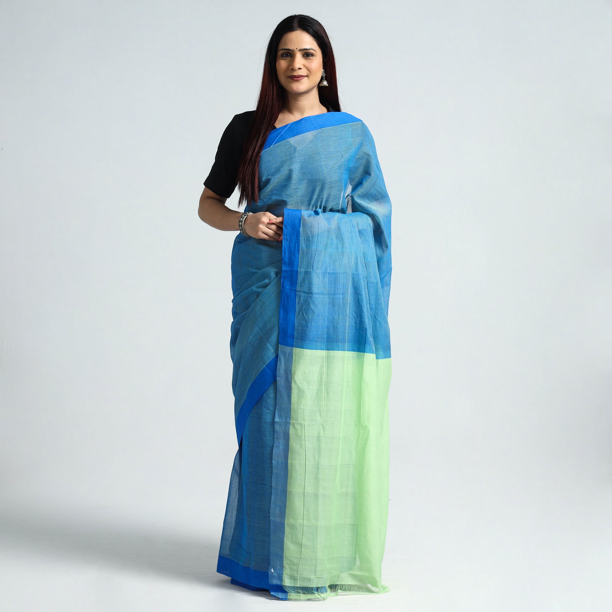 Plain Handloom Saree For Women And Girls Cotton Silk In Aqua