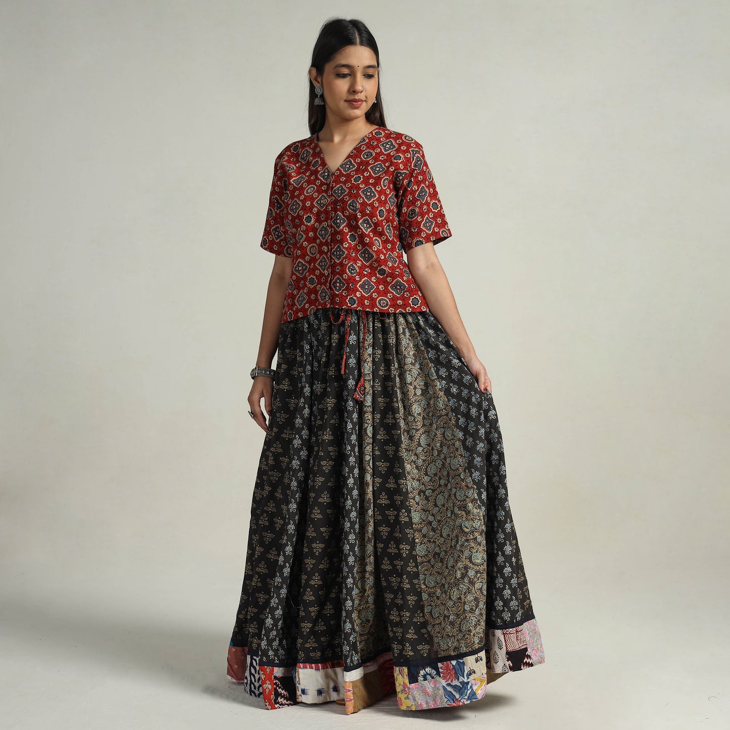 Multicolor - Kutch Block Printed 24 Kali Cotton Long Skirt 15