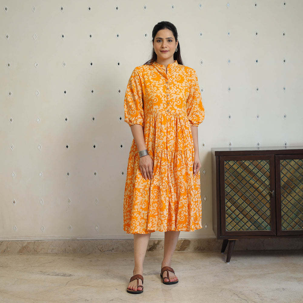 Orange - Pure Cotton Tiered Batik Print Dress 08