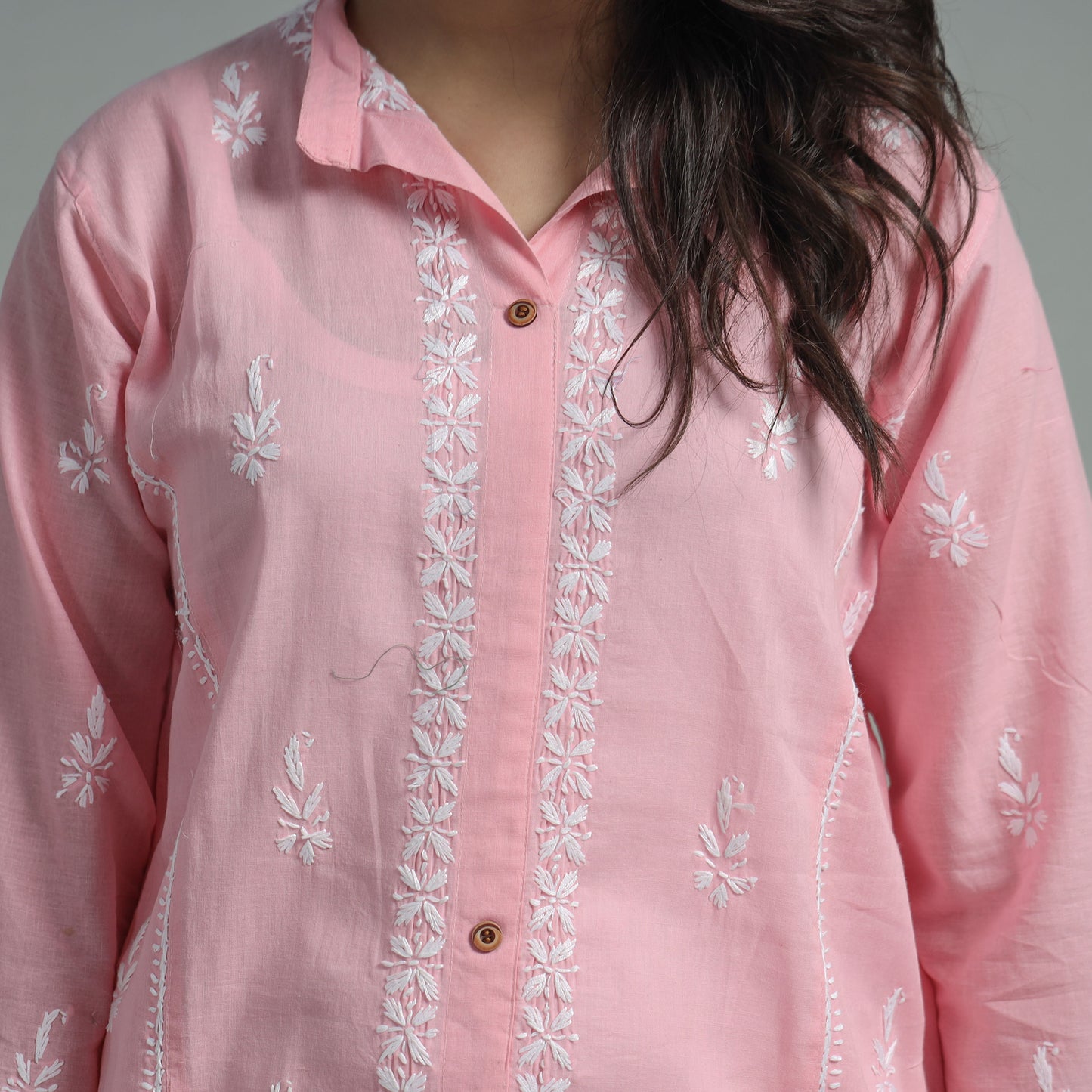 Baby Pink Chikankari Hand Embroidered Cotton Long Kurta