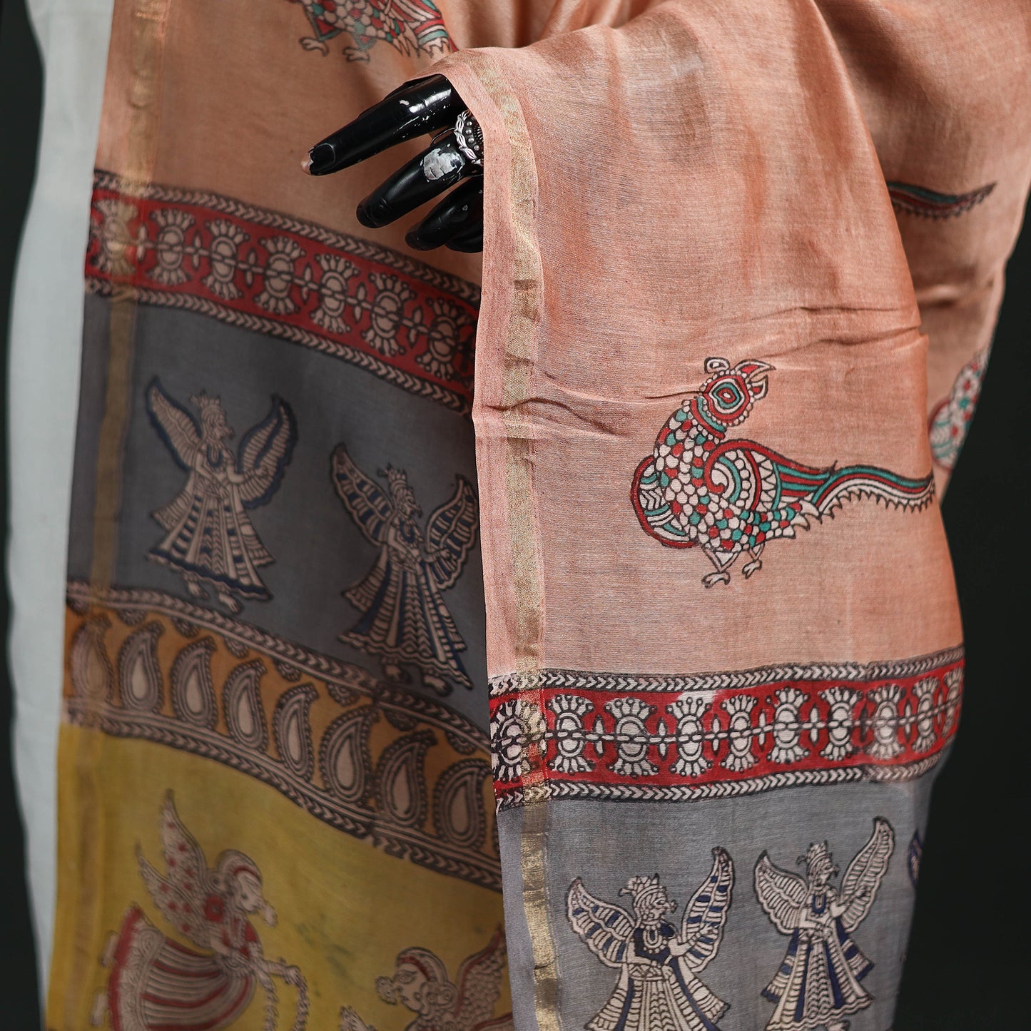 Peach - Mata Ni Pachedi Handpainted Natural Dyed Chanderi Silk Handloom Dupatta 12