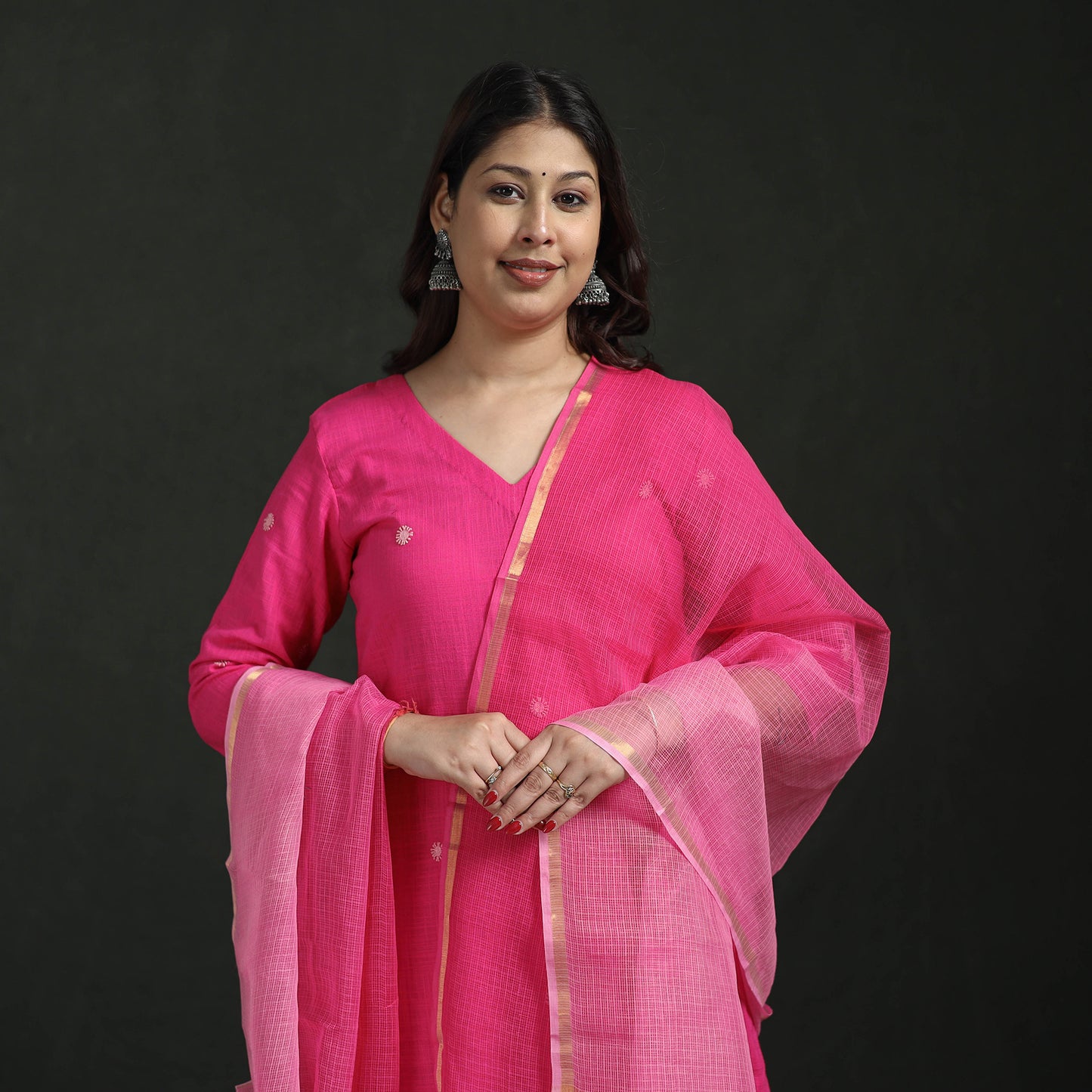Plain Slub Cotton Hand Embroidered Suit Set with Dupatta for women 08