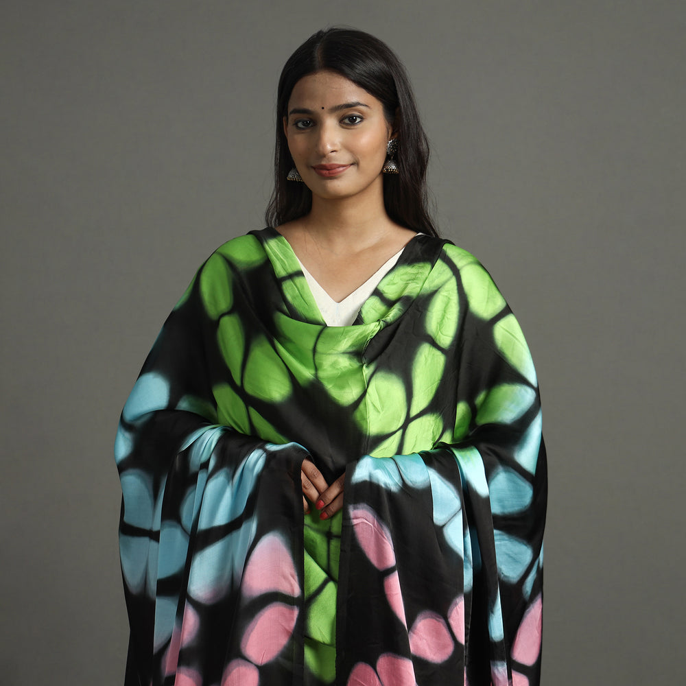 Multicolor - Shibori Clamp Dyed Modal Silk Dupatta with Zari Border 12