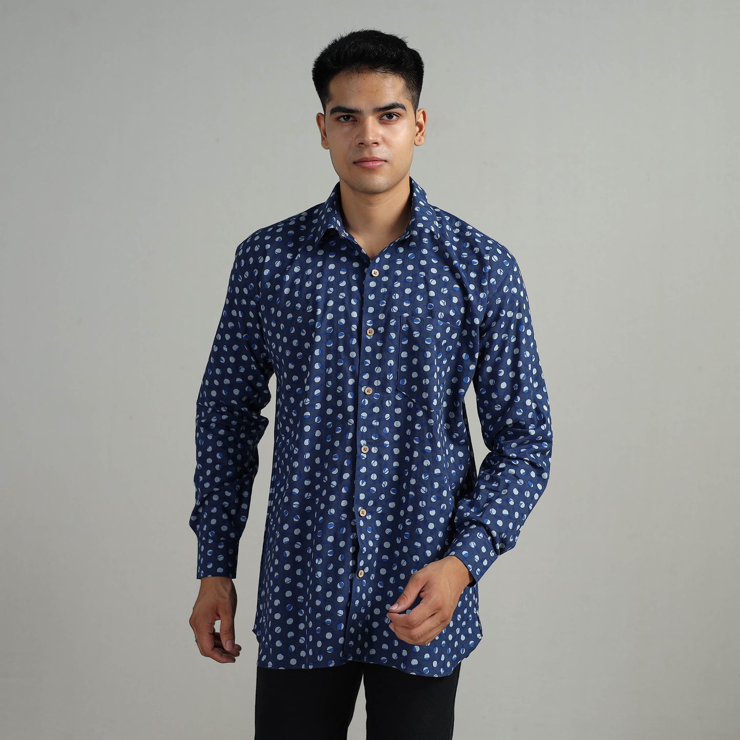 Blue - Indigo Block Printed Cotton Men Full Sleeve Shirt 15