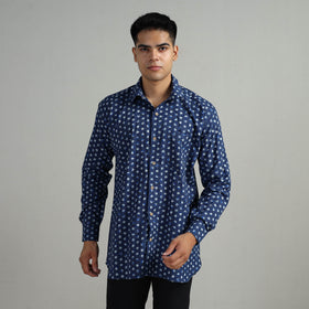 Blue - Indigo Block Printed Cotton Men Full Sleeve Shirt 15