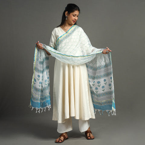 Blue - Block Printed Kota Doria Cotton Sanganeri Dupatta 26