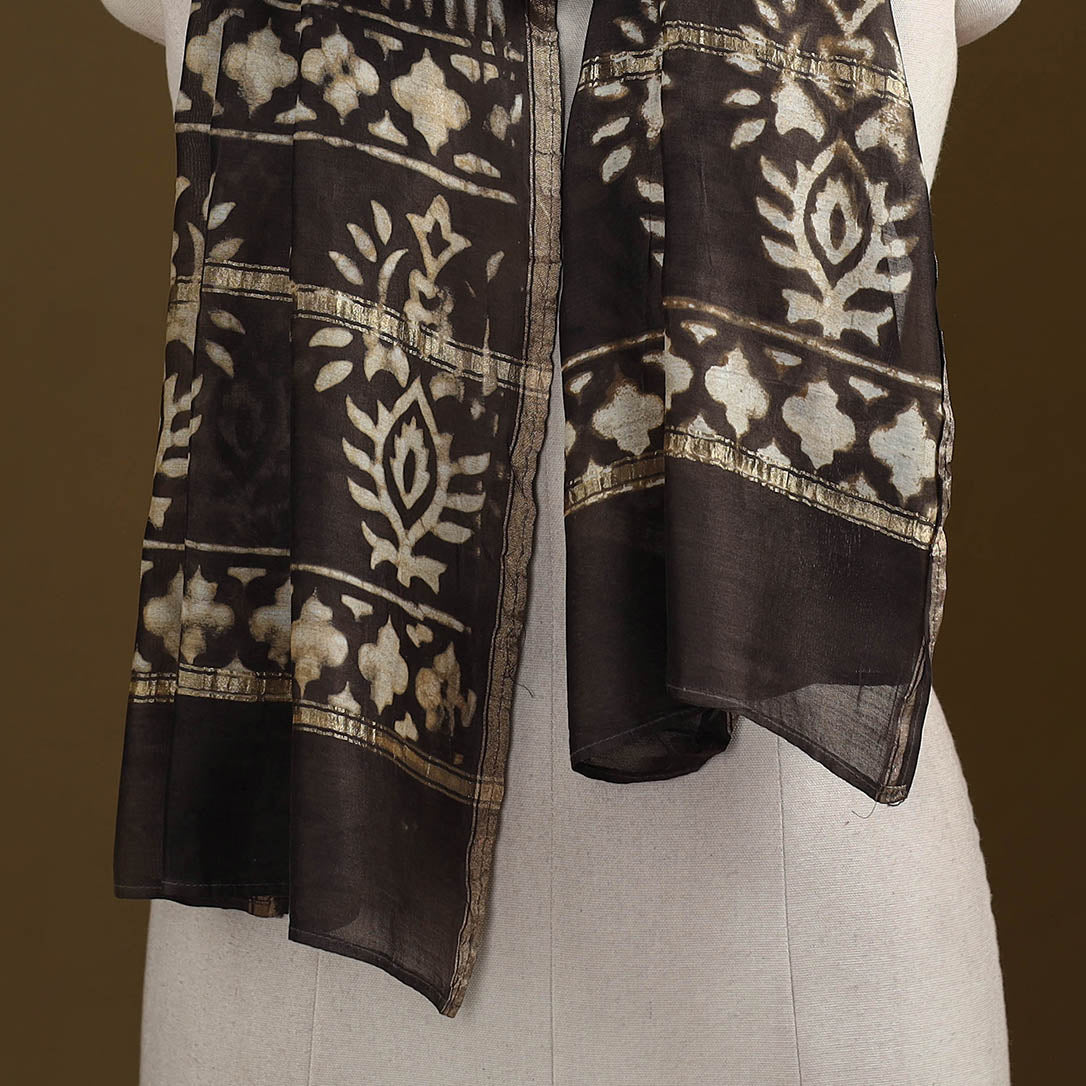 Brown - Pipad Hand Block Print Natural Dyed Chanderi Silk Handloom Stole 56