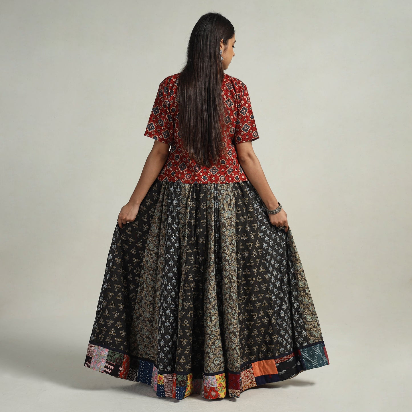 Multicolor - Kutch Block Printed 24 Kali Cotton Long Skirt 15