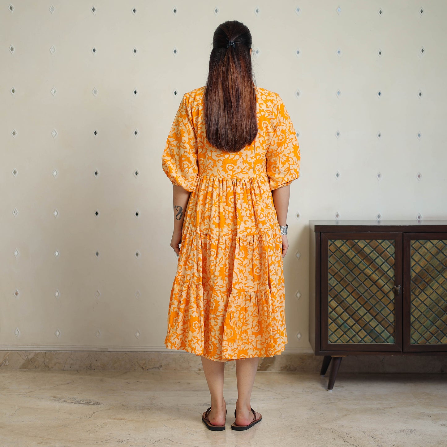 Orange - Pure Cotton Tiered Batik Print Dress 08