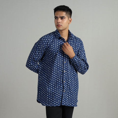 Blue - Indigo Block Printed Cotton Men Full Sleeve Shirt 15