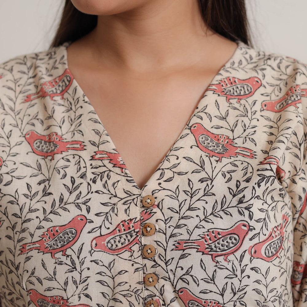 Beige - Pedana Kalamkari Block Printed Cotton A-Line Kurta 04