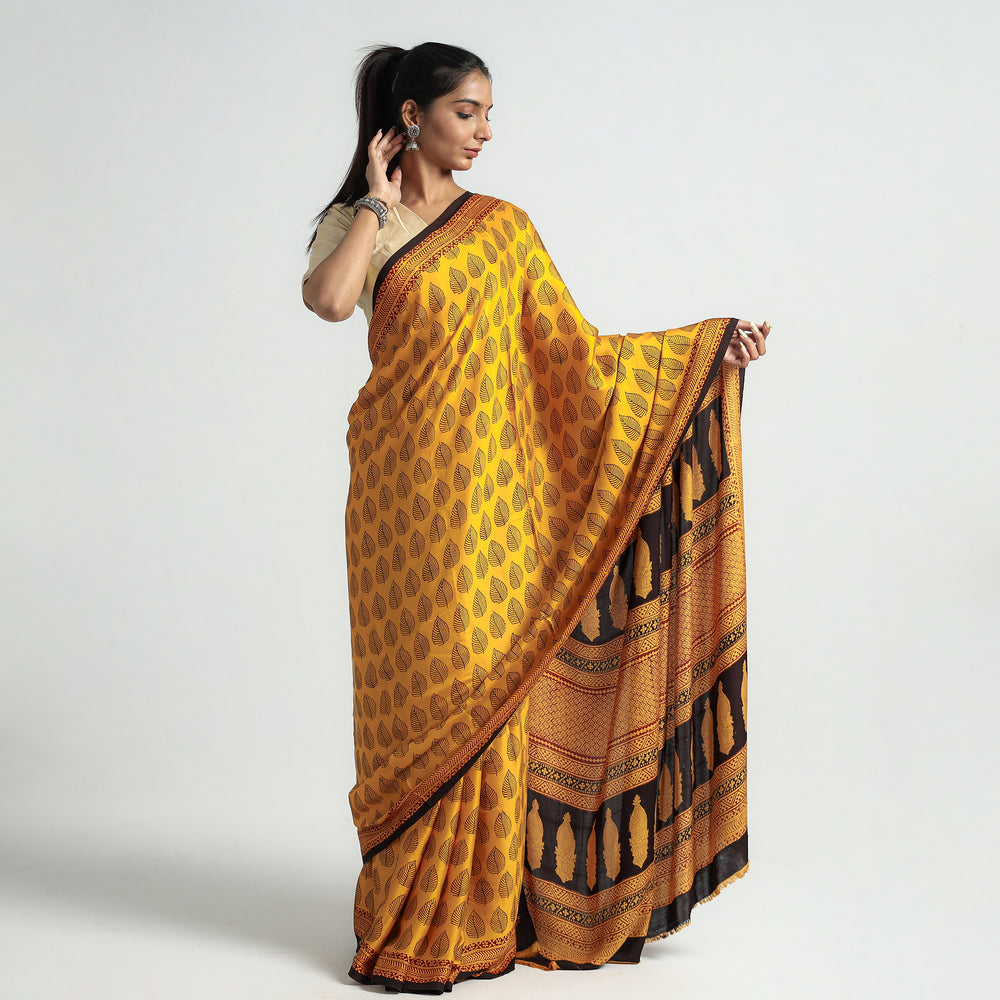 Yellow - Bagh Hand Block Printed Modal Silk Saree