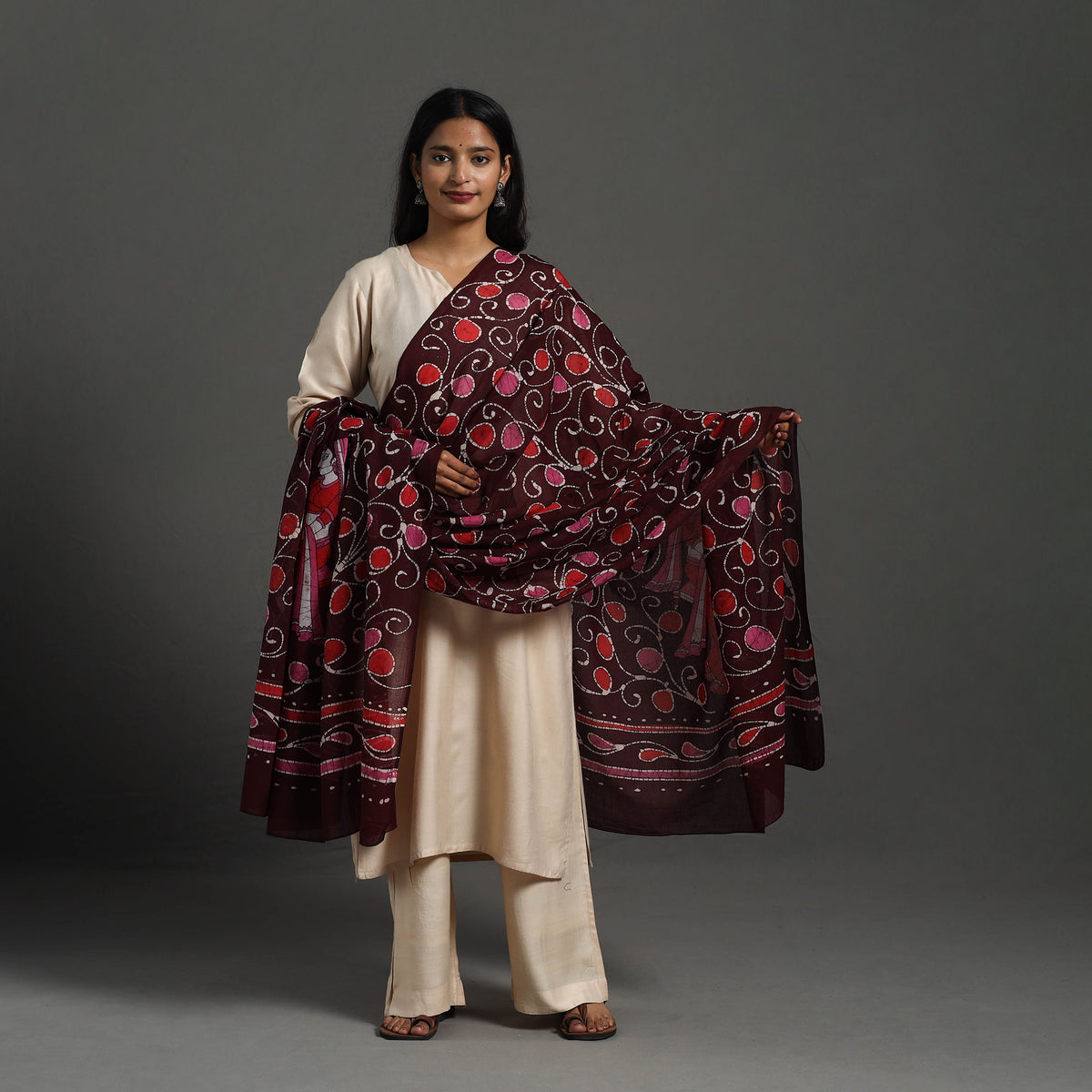 Maroon - Cotton Hand Batik Print Dupatta 36