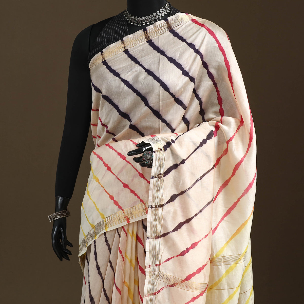 Chanderi Silk Leheriya Tie-Dye Saree with Zari Border 10