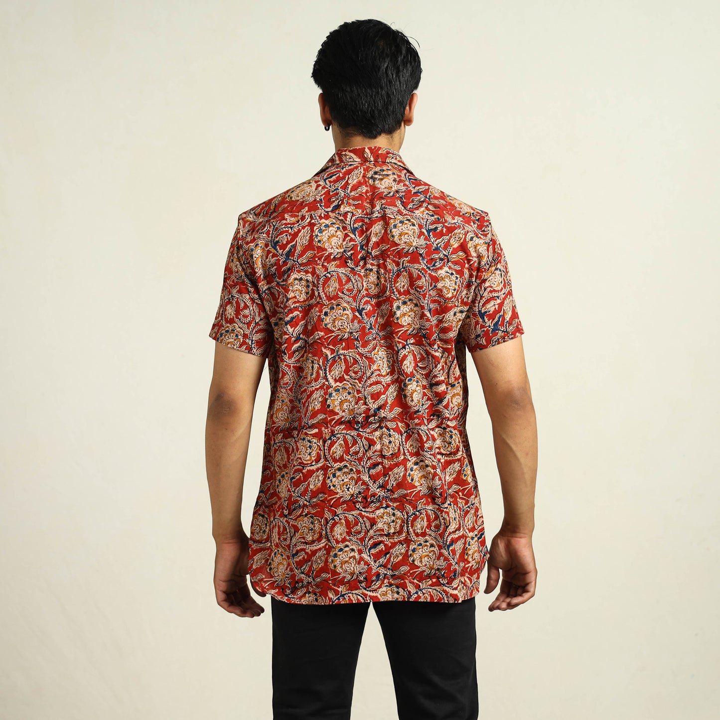 Red - Kalamkari Block Printed Cotton Men Half Sleeve Shirt 06