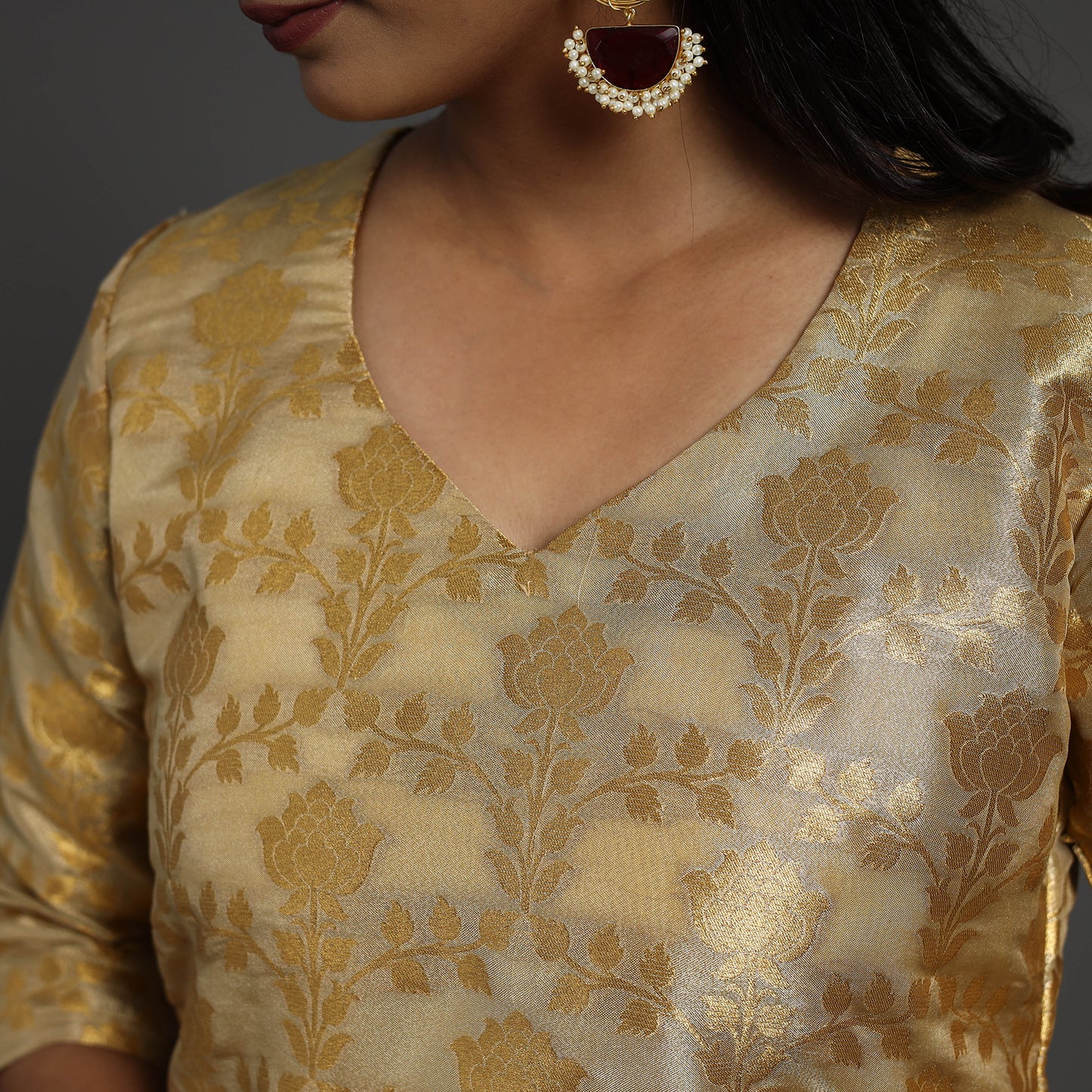 Beige - Cutwork Tissue Zari Jaal Banarasi Silk Kurta 05