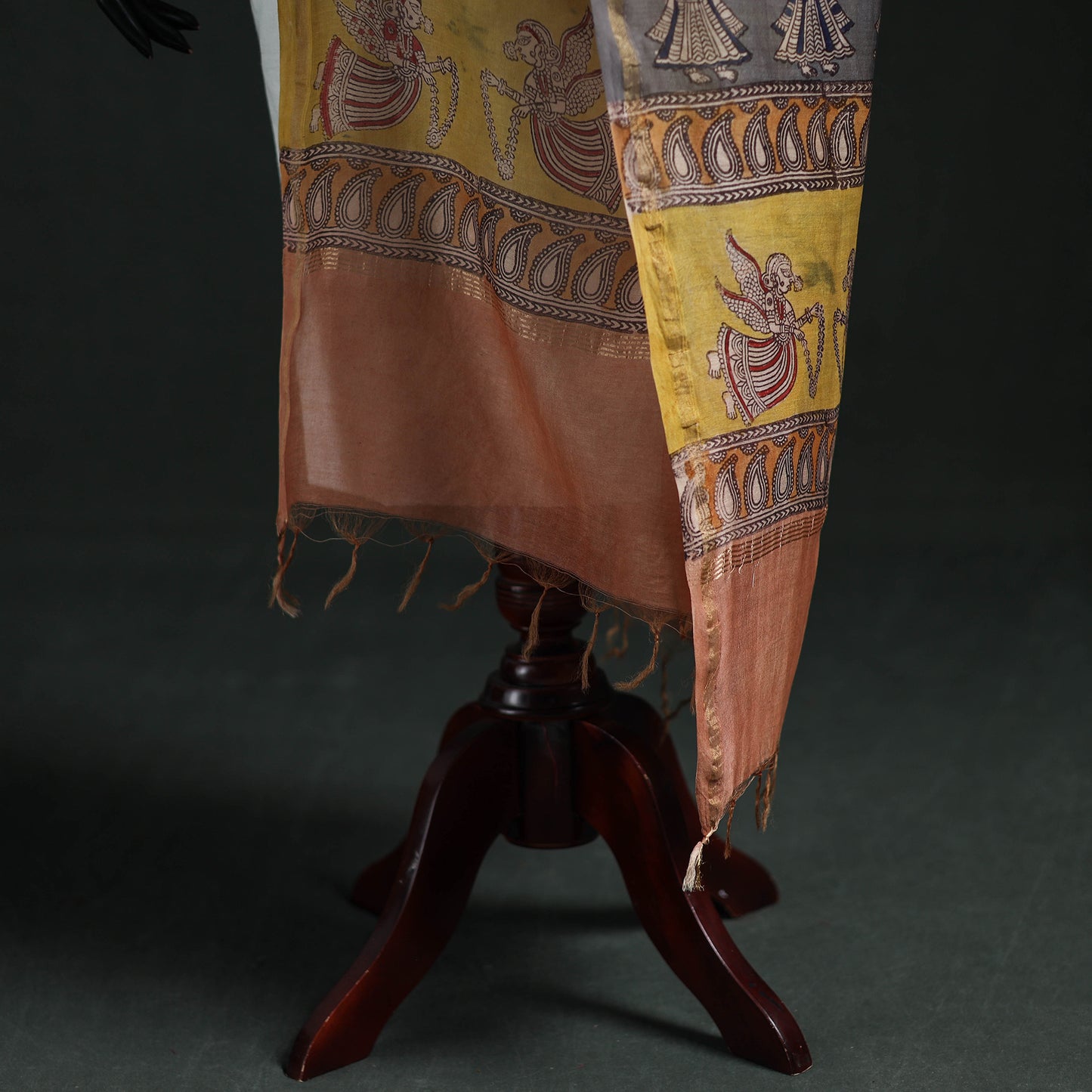 Peach - Mata Ni Pachedi Handpainted Natural Dyed Chanderi Silk Handloom Dupatta 12