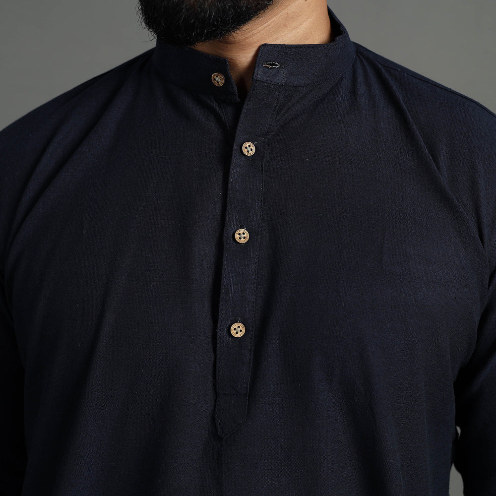 Blue - Plain Handloom Cotton Men Short Kurta