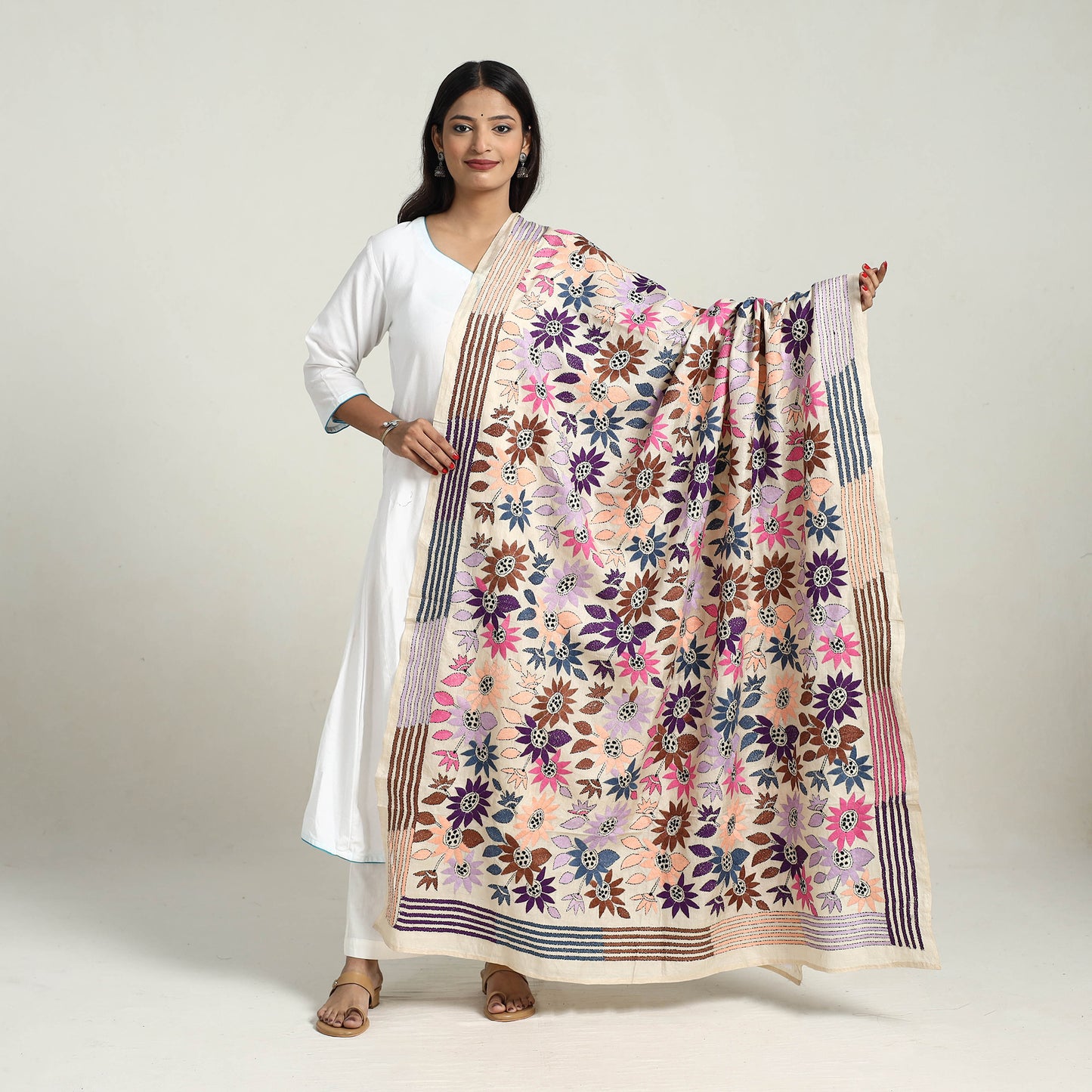 Multicolor - Handloom Tussar Silk Bengal Kantha Embroidery Dupatta 34