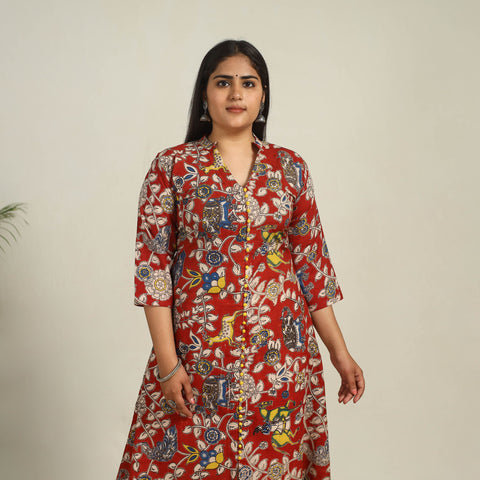 Buy Red Printed Cotton A-Line Kalamkari Kurta