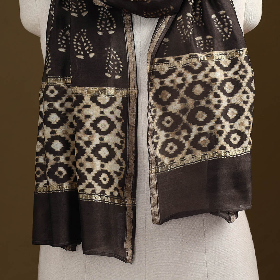 Brown - Pipad Hand Block Print Natural Dyed Chanderi Silk Handloom Stole 57