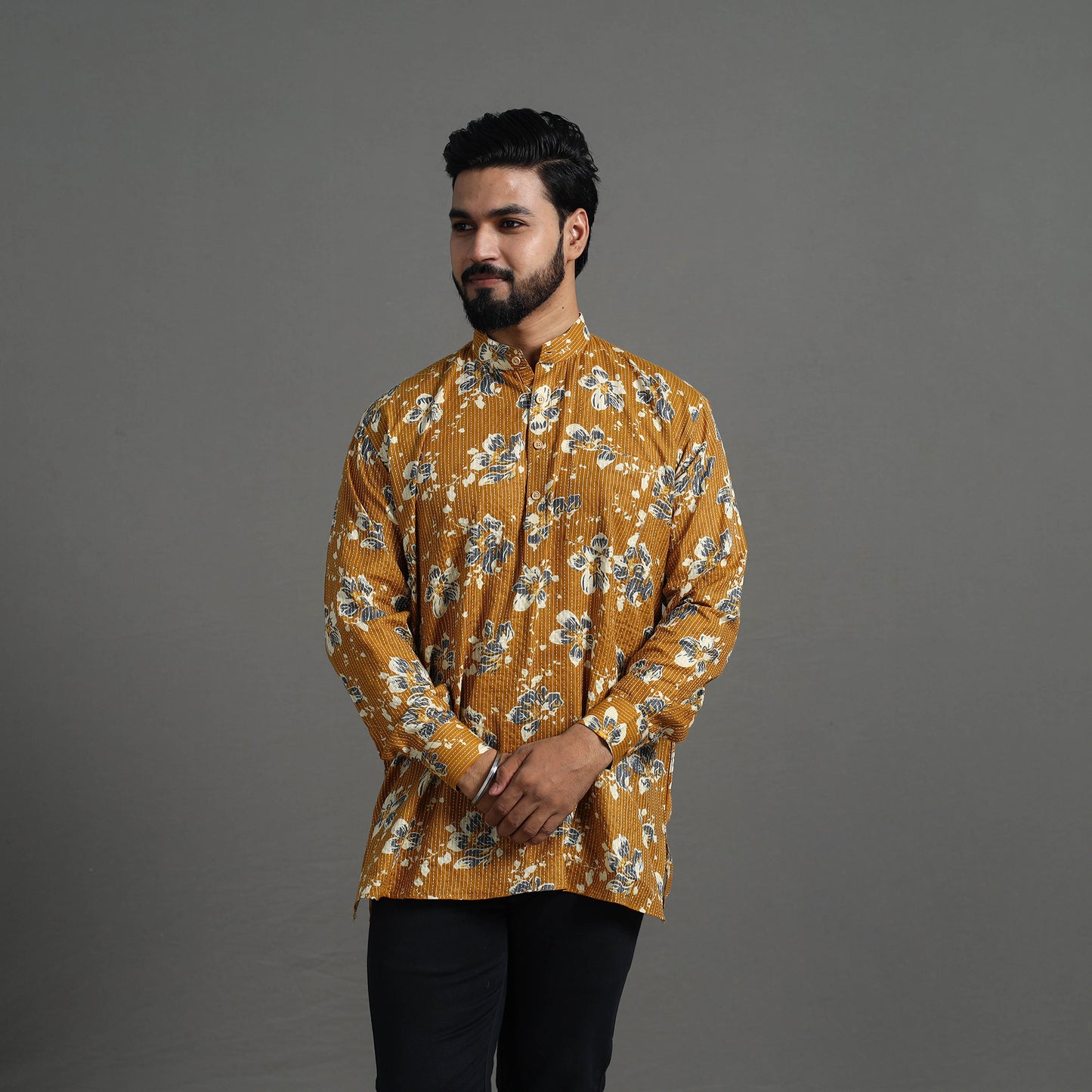 Kantha Stitch Cotton Short Sanganeri Kurta for Men 04