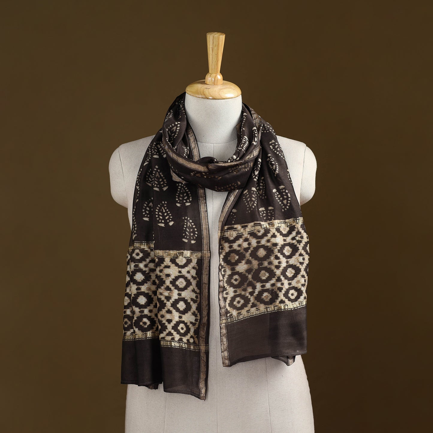 Brown - Pipad Hand Block Print Natural Dyed Chanderi Silk Handloom Stole 57