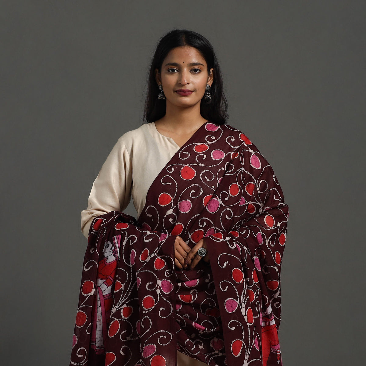 Maroon - Cotton Hand Batik Print Dupatta 36