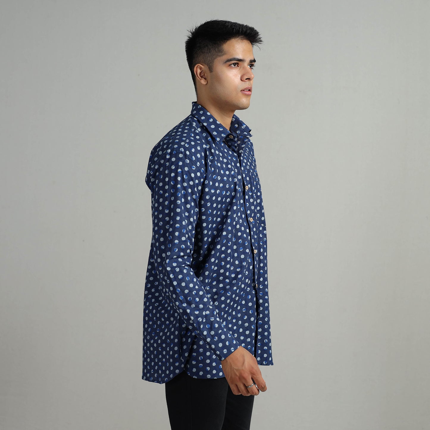Blue - Indigo Block Printed Cotton Men Full Sleeve Shirt 15
