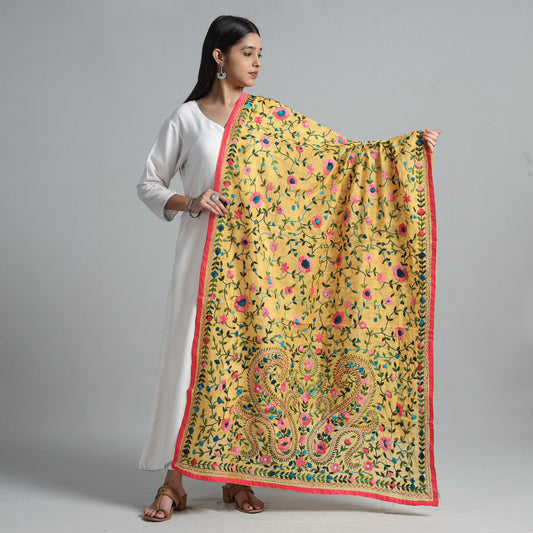 Yellow - Ranihati Chanderi Silk Chapa Work Phulkari Embroidered Dupatta 23