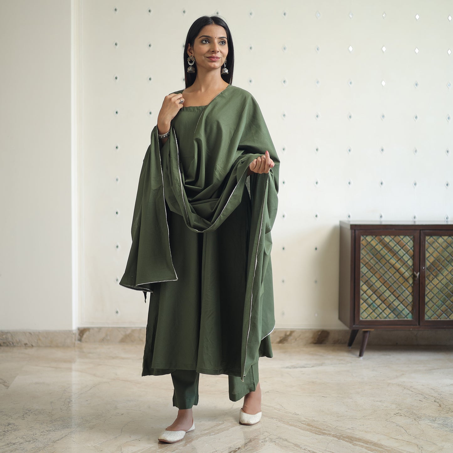 Yashasmini Green Cotton Flared Kurta with Palazzo & Dupatta Set