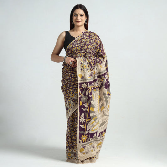 Purple - Kalamkari Printed Cotton Saree with Blouse Piece 35
