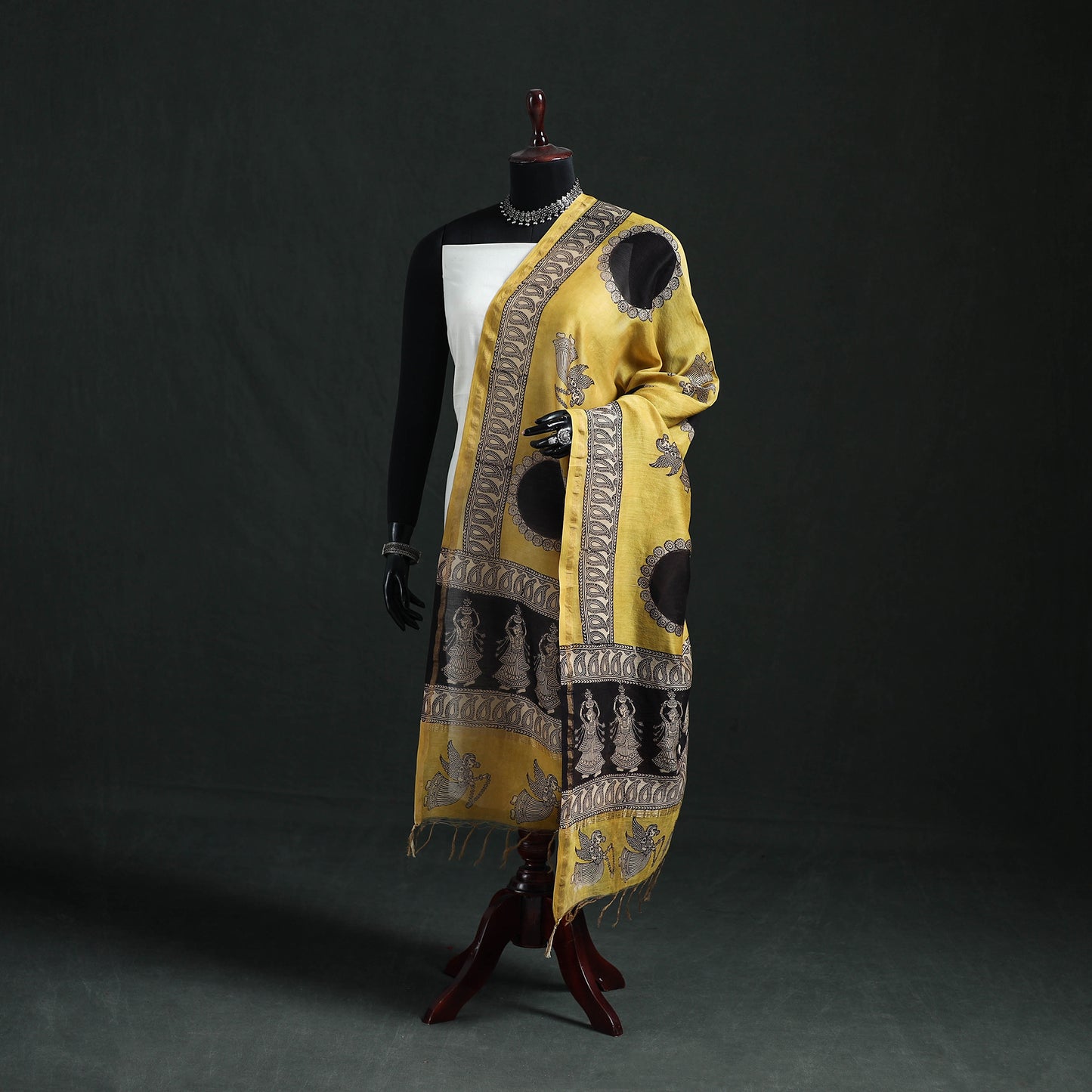 Yellow - Mata Ni Pachedi Handpainted Natural Dyed Chanderi Silk Handloom Dupatta 13