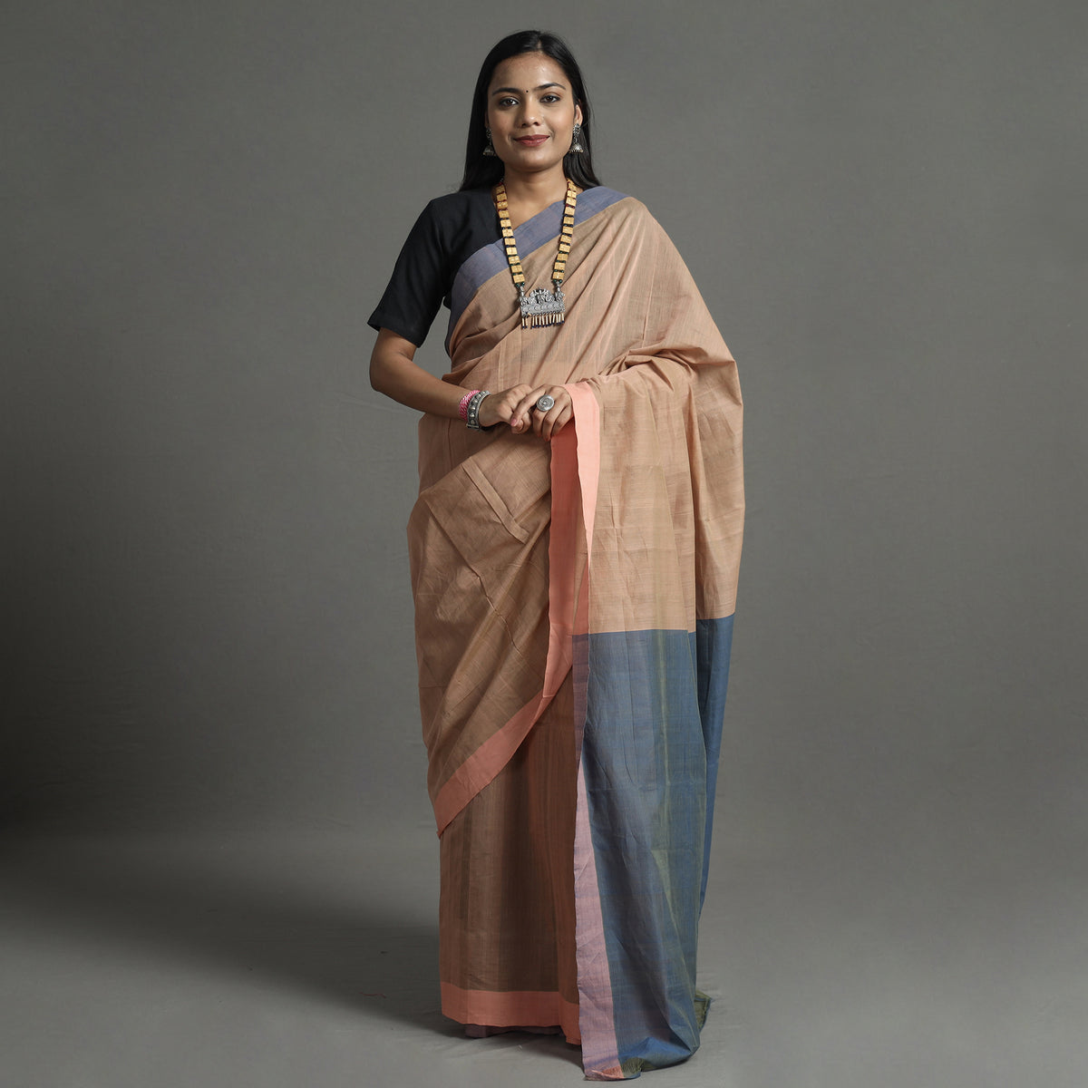 Brown - Pure Handloom Natural Dyed Missing Plain Cotton Saree 14