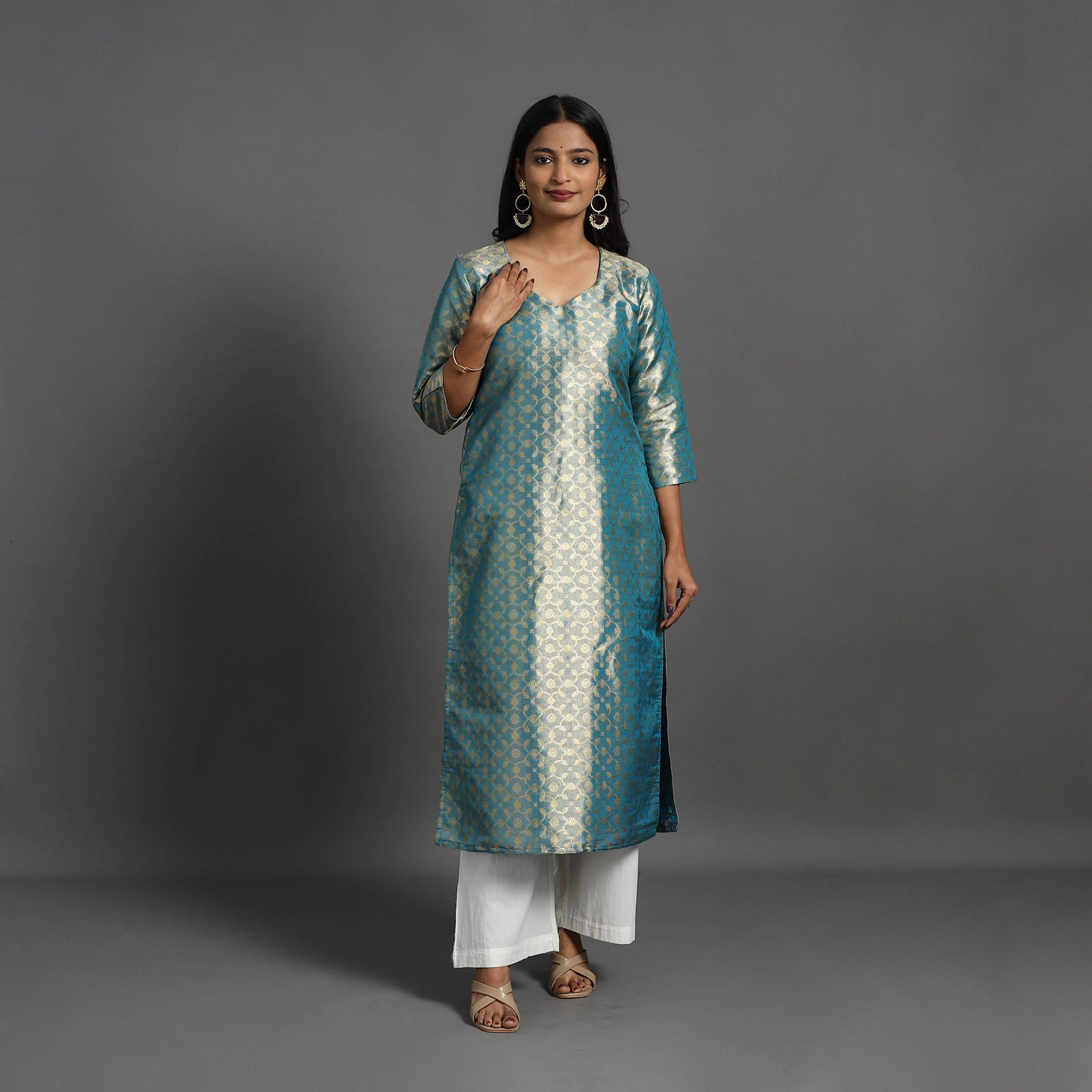 Blue - Cutwork Tissue Zari Jaal Banarasi Silk Kurta 06