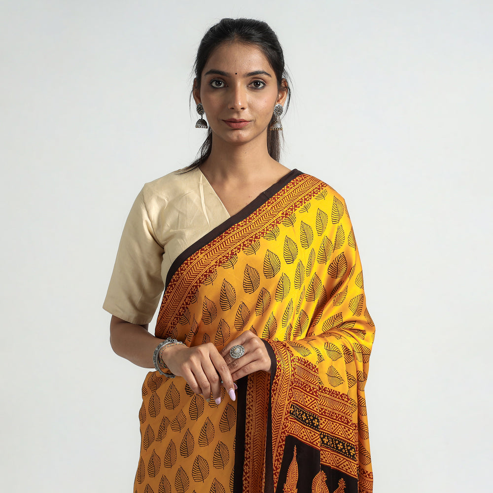 Yellow - Bagh Hand Block Printed Modal Silk Saree