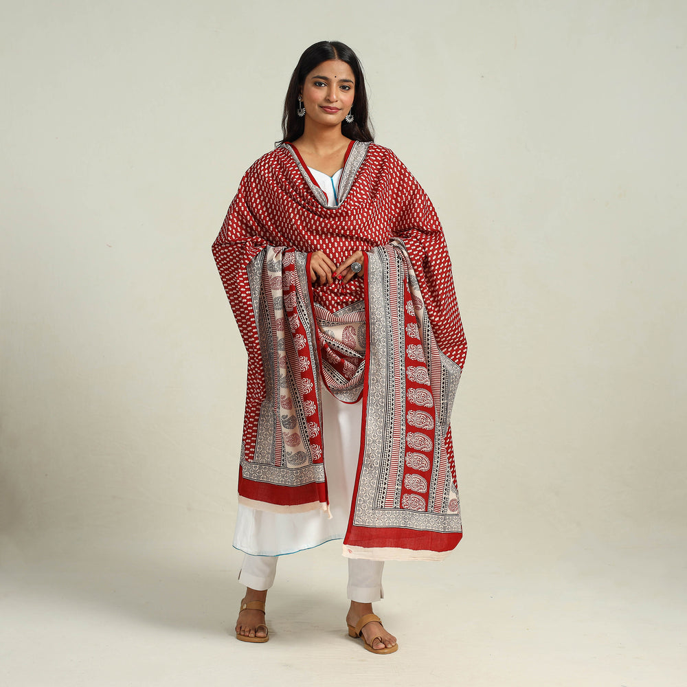 Red - Hand Block Print Cotton Bagh Dupatta 12