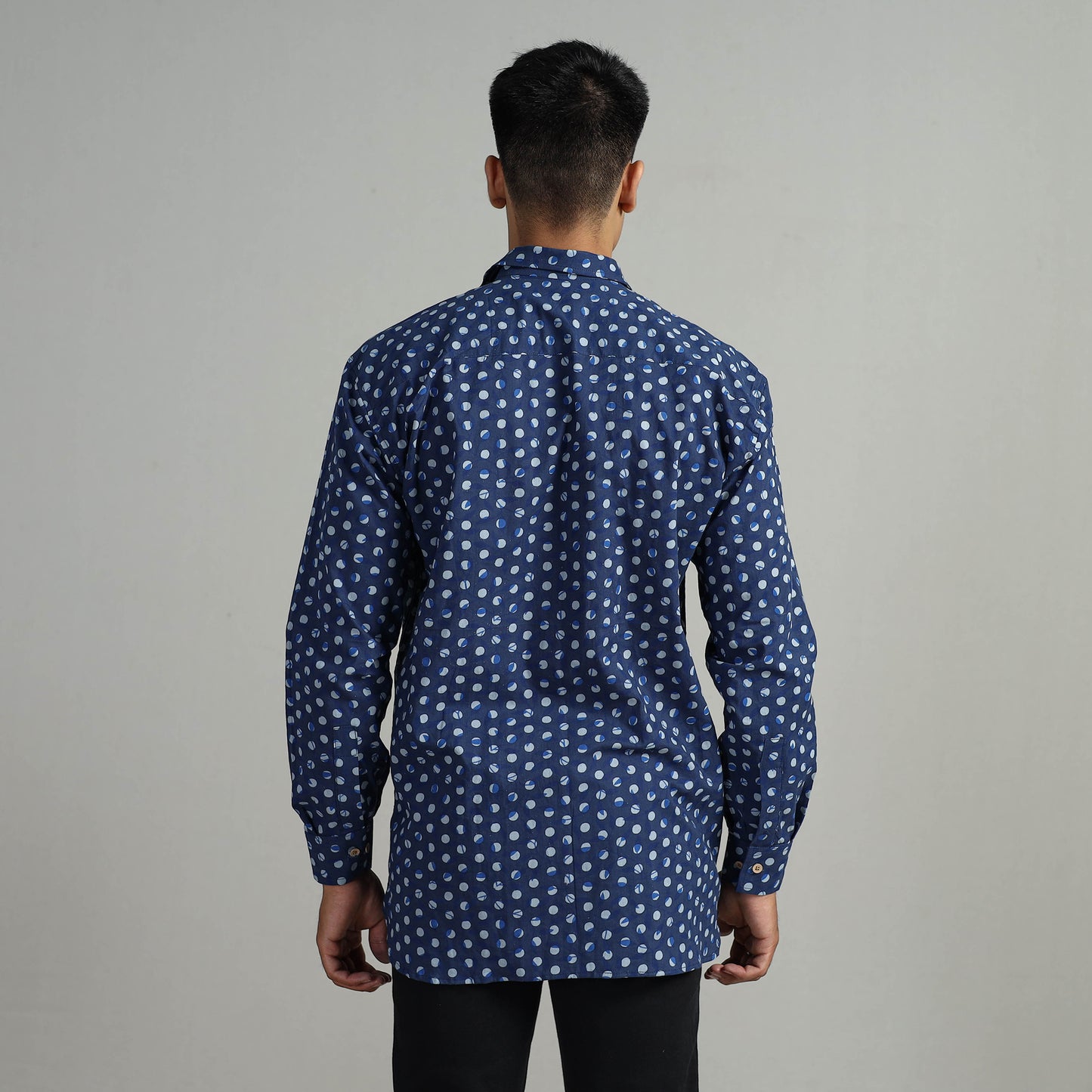 Blue - Indigo Block Printed Cotton Men Full Sleeve Shirt 15