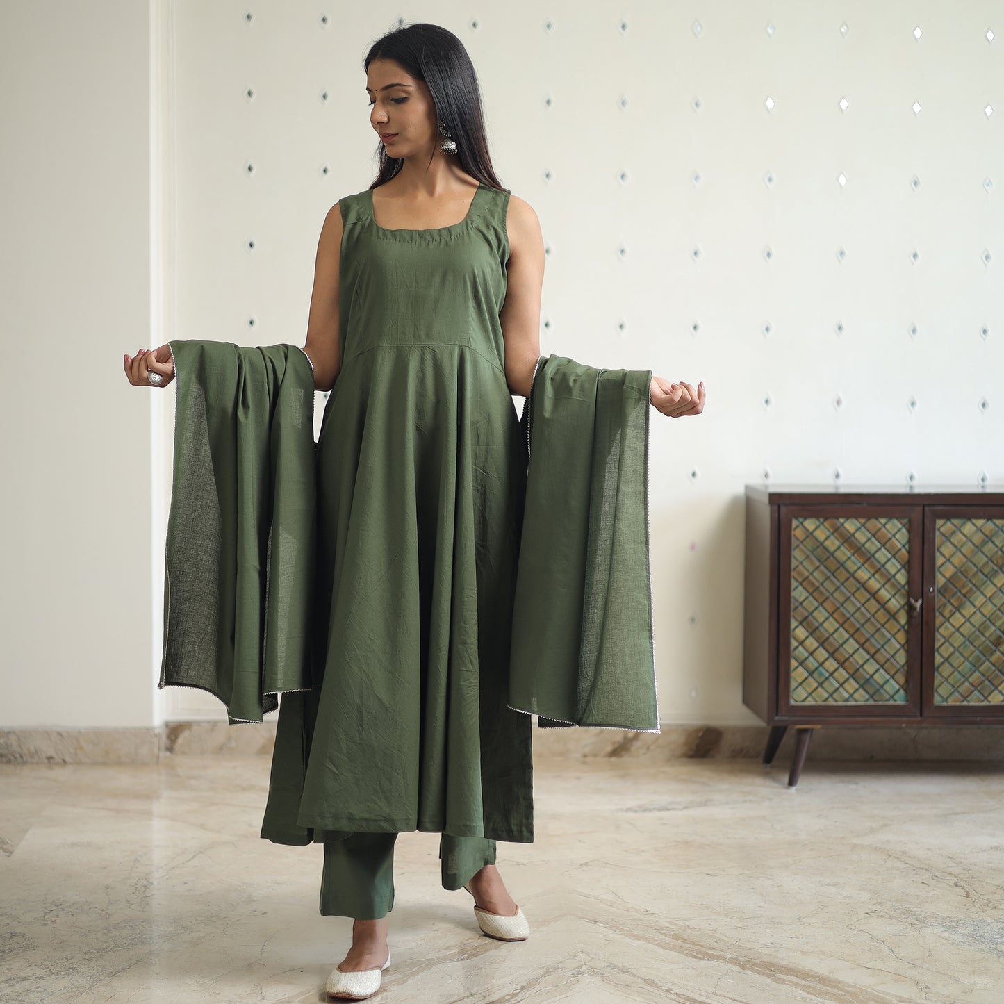 Yashasmini Green Cotton Flared Kurta with Palazzo & Dupatta Set