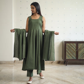 Yashasmini Green Cotton Flared Kurta with Palazzo & Dupatta Set