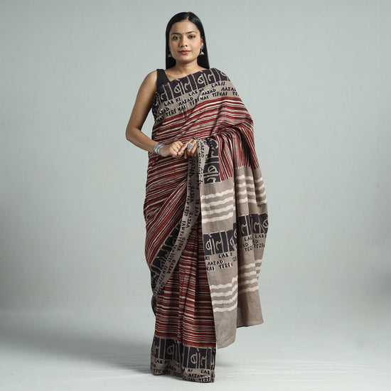 Brown - Bindaas Art Block Printed Natural Dyed Cotton Saree 34