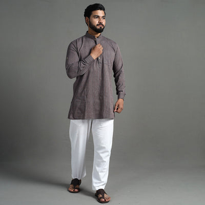 Brown - Handloom Cotton Stripe Men Short Kurta