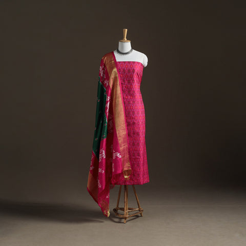 Pink - Pochampally Ikat Handloom Sico Unstitched Dress Material: Kurta with Mulberry Silk Dupatta 40