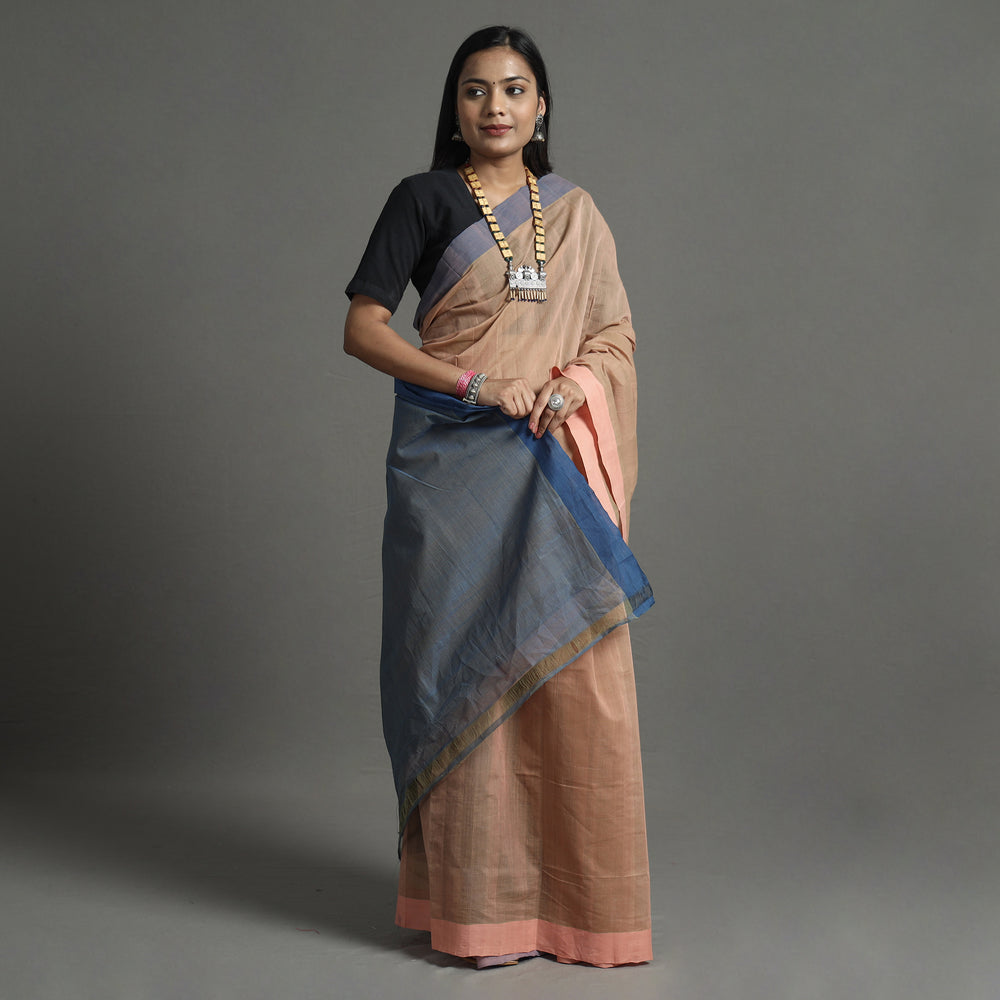 Brown - Pure Handloom Natural Dyed Missing Plain Cotton Saree 14