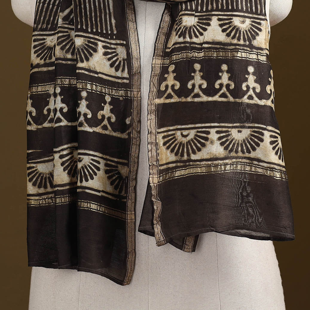 Brown - Pipad Hand Block Print Natural Dyed Chanderi Silk Handloom Stole 59