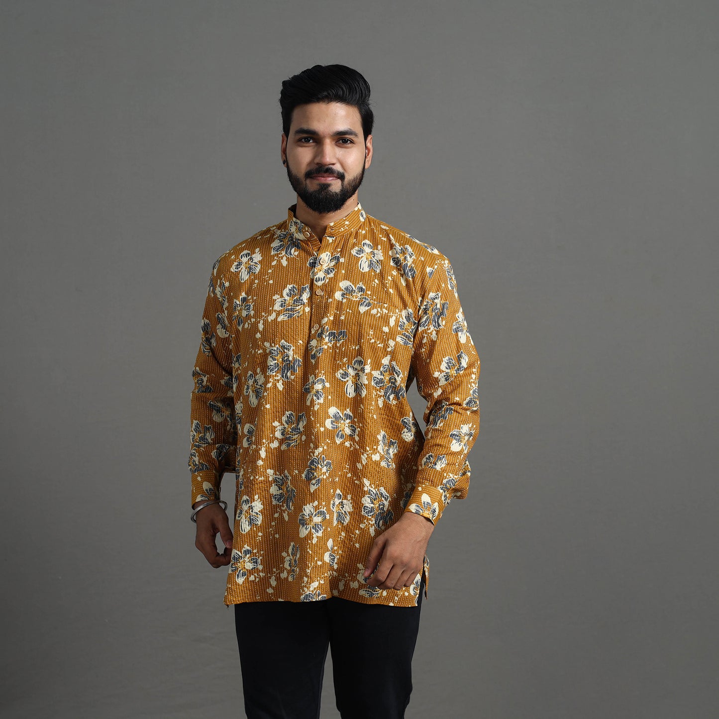 Kantha Stitch Cotton Short Sanganeri Kurta for Men 04