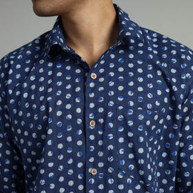 Blue - Indigo Block Printed Cotton Men Full Sleeve Shirt 15