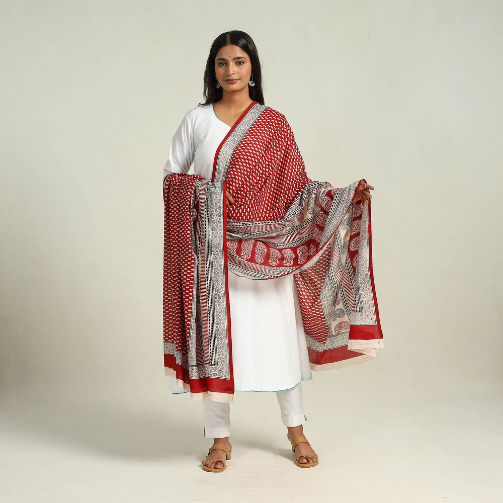 Red - Hand Block Print Cotton Bagh Dupatta 12