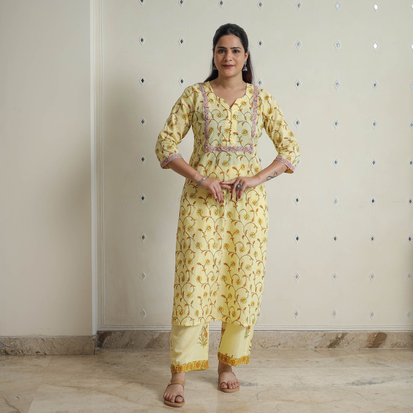 Yellow - Sanganeri Block Print Cotton Kurta Suit Set 17